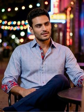 Stone Rose Shirt Mens 3 (Large) NWT Ash Blue Stripe Dot Cuff Flip Cuff Dress